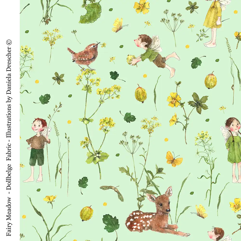 baumwollstoff dollbelge fairy meadow green gezeichnet von daniela drescher