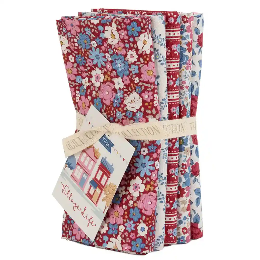 tilda village life fat quarter bundle burgundy 300276